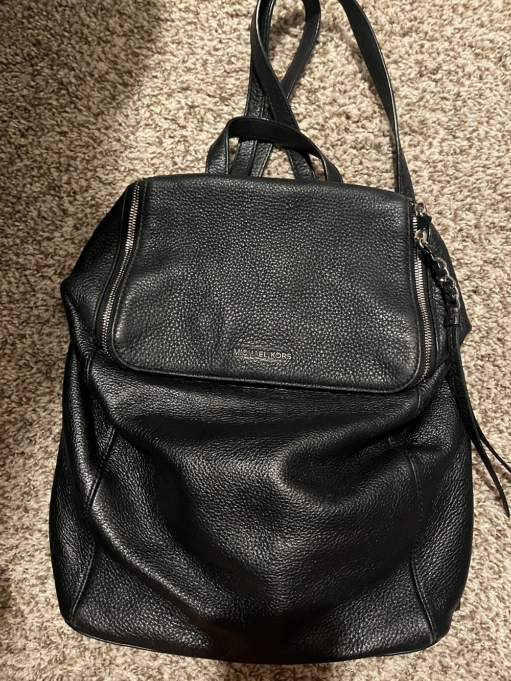 Michael Kors Black Pebbled Leather Backpack with Zip Accents